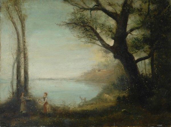 Scuola Francese, XIX Sec. - Paesaggio con Lago e Figure
