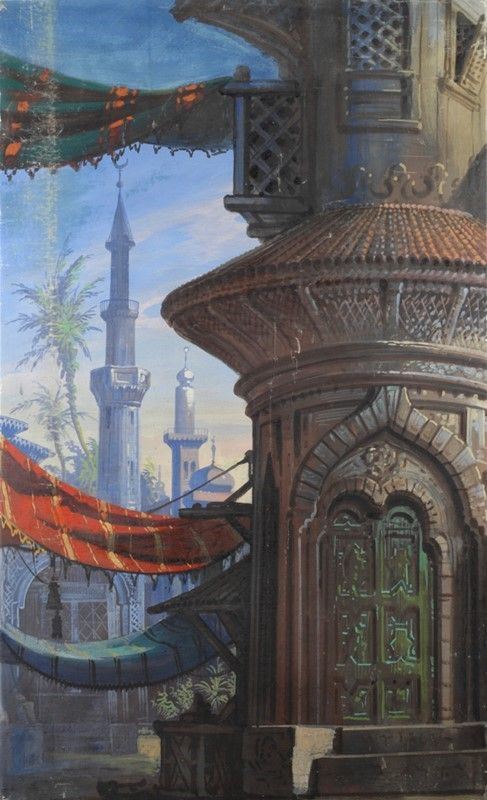 Attr. a Domenico Induno - Paesaggio Orientale "studio per Scenografia"