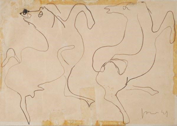 Lucio Fontana : Due Cavalli  (1949)  - Inchiostro su carta - Asta Antiquariato - I - Galleria Pananti Casa d'Aste