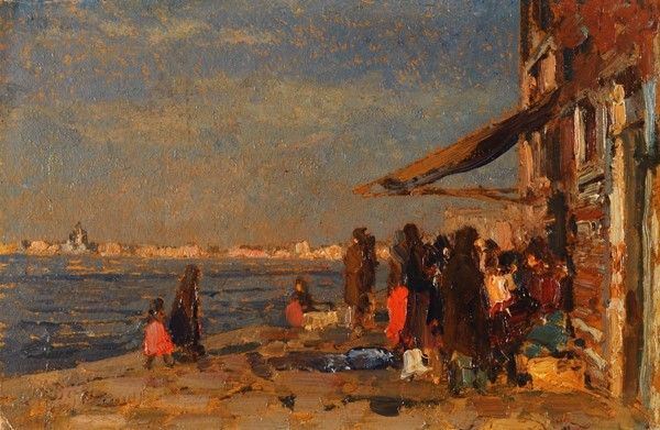 Beppe Ciardi : Figure sul canale  - Olio su cartone - Auction Antiquariato - I - Galleria Pananti Casa d'Aste