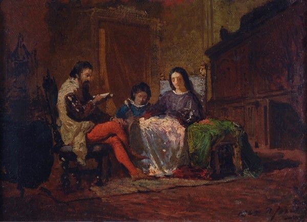 Pio Joris : La lettura  (1865)  - Olio su cartone - Auction Autori del XIX e XX sec. - I - Galleria Pananti Casa d'Aste