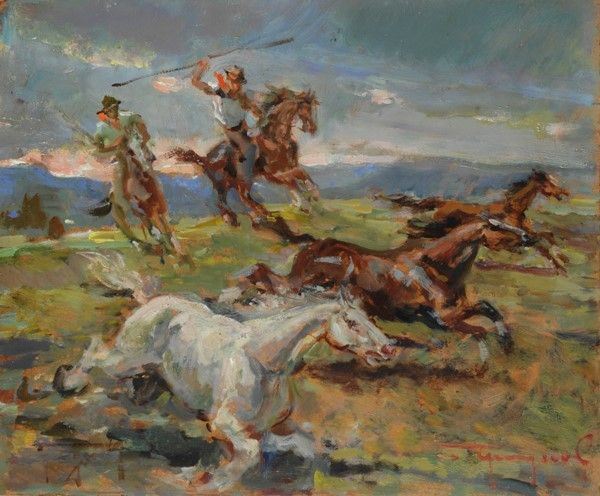 Oreste Zuccoli : Butteri a cavallo  - Olio su faesite - Auction Autori del XIX e XX sec. - I - Galleria Pananti Casa d'Aste