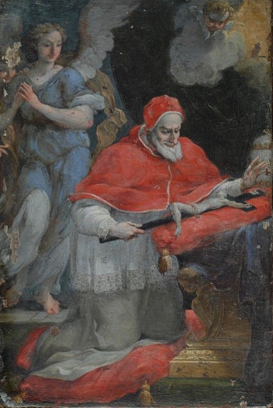 Scuola Romana, XVIII Sec. - Scuola Romana, San Pio V prega davanti al crocifisso, tempera su tela