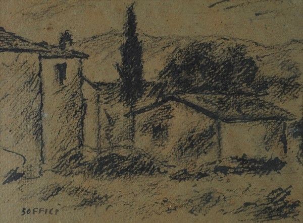 Ardengo Soffici : Casolari  - Matita su carta - Asta Autori del XIX e XX sec. - I - Galleria Pananti Casa d'Aste