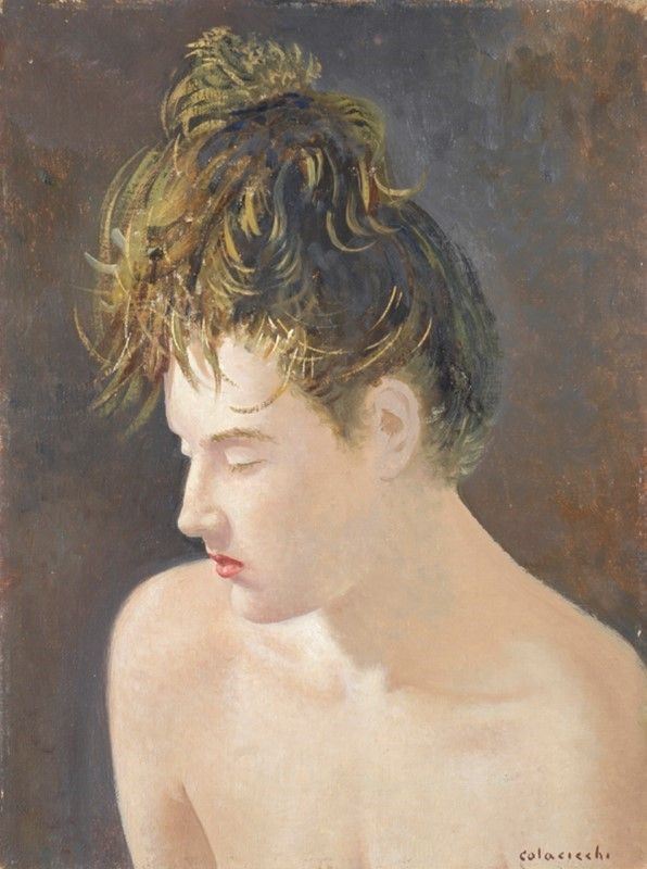 Giovanni Colacicchi : Ritratto di donna  - Olio su cartone telato - Asta Autori del XIX e XX sec. - I - Galleria Pananti Casa d'Aste