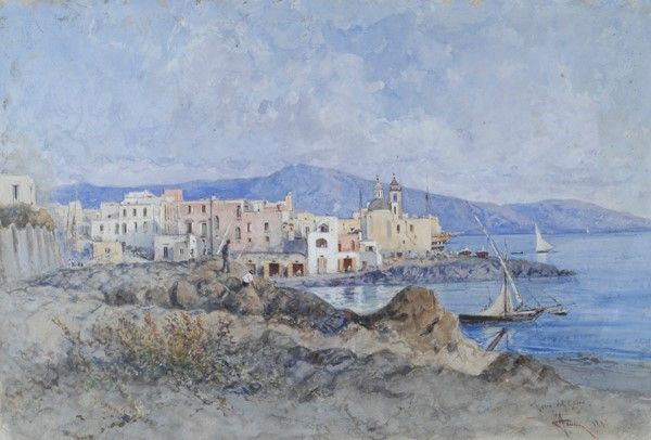 Francesco Giovanni Mancini (Lord) : Torre del Greco  (1883)  - Tempera su carta - Auction Autori del XIX e XX sec. - I - Galleria Pananti Casa d'Aste