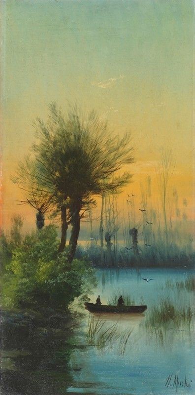 Henry Mark&#242; : Tramonto sul lago  - Olio su tela - Asta Autori del XIX e XX sec. - I - Galleria Pananti Casa d'Aste