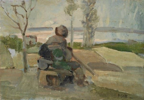 Nicola Ciletti : Uomo sulla panchina  (1937)  - Olio su compensato - Asta Autori del XIX e XX sec. - I - Galleria Pananti Casa d'Aste