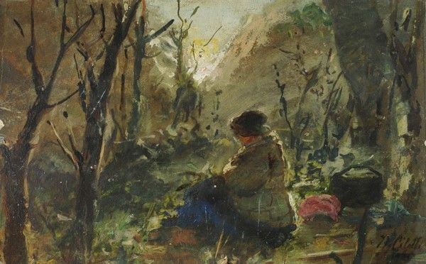 Nicola Ciletti : Figura nel paesaggio  - Olio su cartone - Asta Autori del XIX e XX sec. - I - Galleria Pananti Casa d'Aste