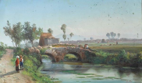 Scuola Napoletana, XIX Sec. - Paesaggio con Ponte