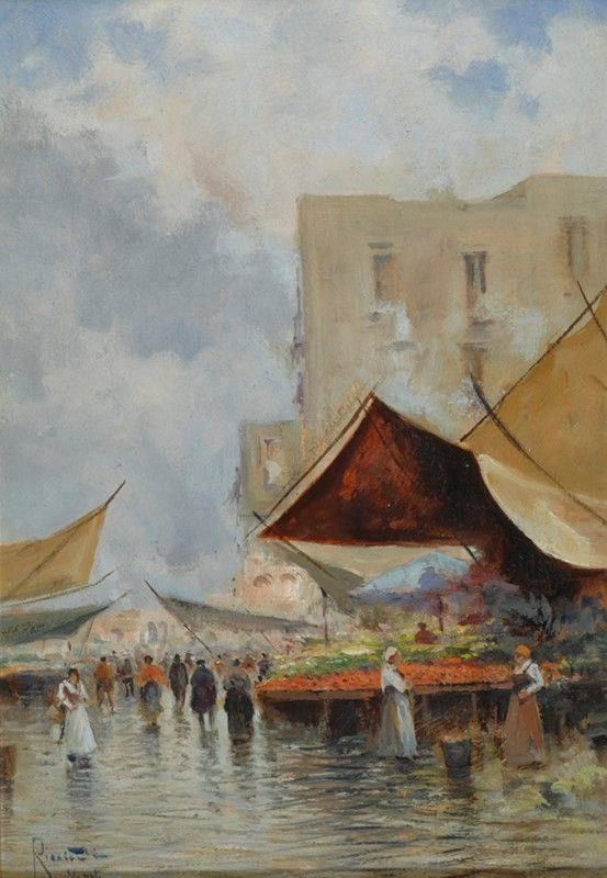Oscar Ricciardi : Mercato a Napoli  - Olio su cartone - Auction Autori del XIX e XX sec. - I - Galleria Pananti Casa d'Aste