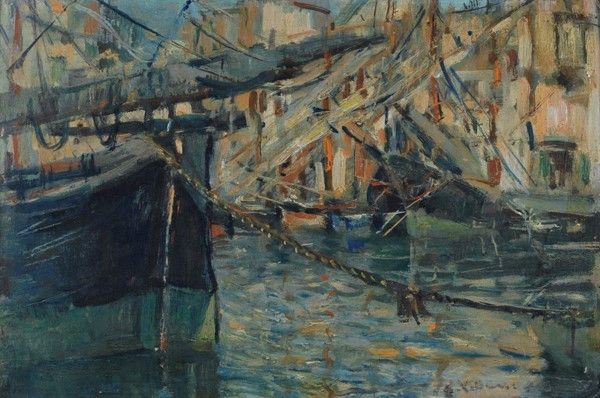 Gennaro Villani : Barche in porto  - Olio su cartone - Asta Autori del XIX e XX sec. - I - Galleria Pananti Casa d'Aste