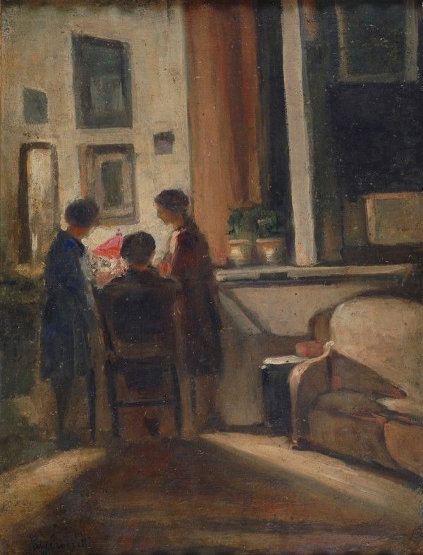 Eugenio Scorzelli : Figure in un interno  - Olio su tavola - Asta Autori del XIX e XX sec. - I - Galleria Pananti Casa d'Aste