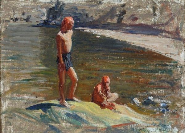 Eugenio Viti : Bagnanti  - Olio su cartone telato - Auction Autori del XIX e XX sec. - I - Galleria Pananti Casa d'Aste
