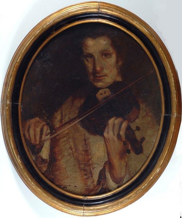 Anonimo, XIX sec. : Violinista  - Olio su tela riportata su cartone - Asta Autori del XIX e XX sec. - I - Galleria Pananti Casa d'Aste