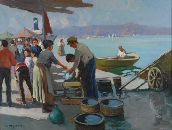 Biagio Mercadante : Mercato del pesce  (1951)  - Olio su tela - Asta Autori del XIX e XX sec. - I - Galleria Pananti Casa d'Aste