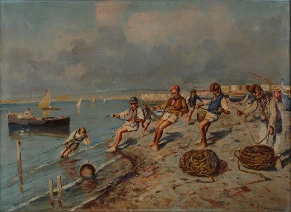 Carmine Ciardiello : Pescatori sulla spiaggia  - Olio su tela - Asta Autori del XIX e XX sec. - III - Galleria Pananti Casa d'Aste