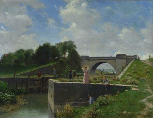 Victor Jacques Renault - Paesaggio con ponte e figure