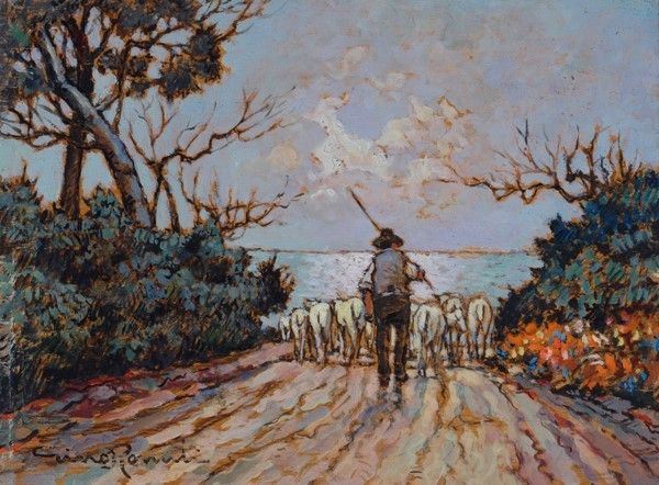 Gino Romiti - Paesaggio con pastore e gregge
