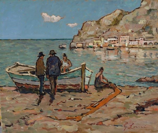 Giovanni Lomi - Marina con figure e barca