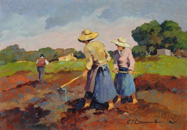 Carlo Domenici : Contadine nei campi  - Olio su compensato - Auction Autori del XIX e XX sec. - I - Galleria Pananti Casa d'Aste