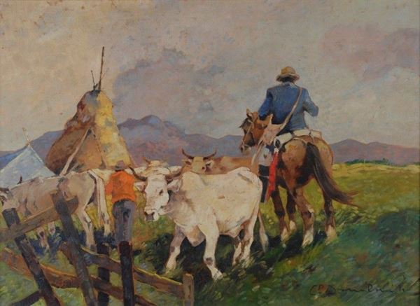 Carlo Domenici : Buoi al pascolo  - Olio su compensato - Auction Autori del XIX e XX sec. - I - Galleria Pananti Casa d'Aste