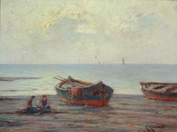 Renuccio Renucci - Barconi e pescatori sulla spiaggia
