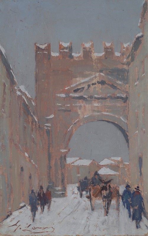 Giovanni Lomi : Vecchia Rimini sotto la neve  (1950)  - Olio su faesite - Asta Autori del XIX e XX sec. - I - Galleria Pananti Casa d'Aste
