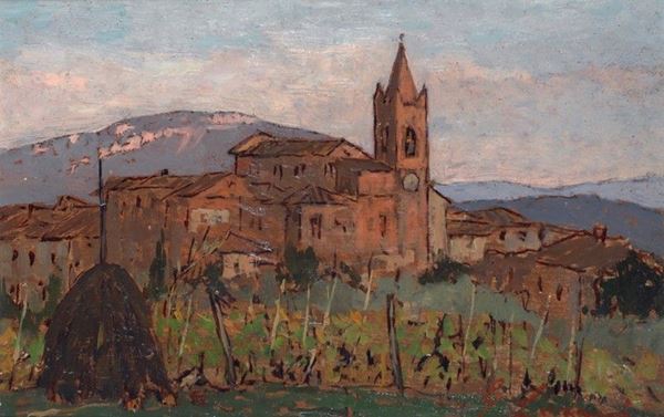Giovanni Lomi : Terricciola  (1930)  - Olio su compensato - Asta Autori del XIX e XX sec. - I - Galleria Pananti Casa d'Aste