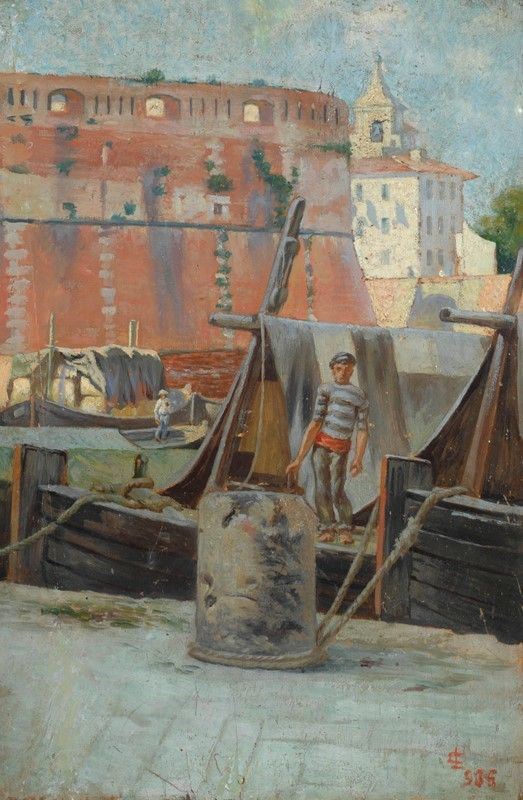 Lorenzo Cecchi : Pescatorello al porto di Livorno  (1935)  - Olio su compensato - Asta Autori del XIX e XX sec. - I - Galleria Pananti Casa d'Aste