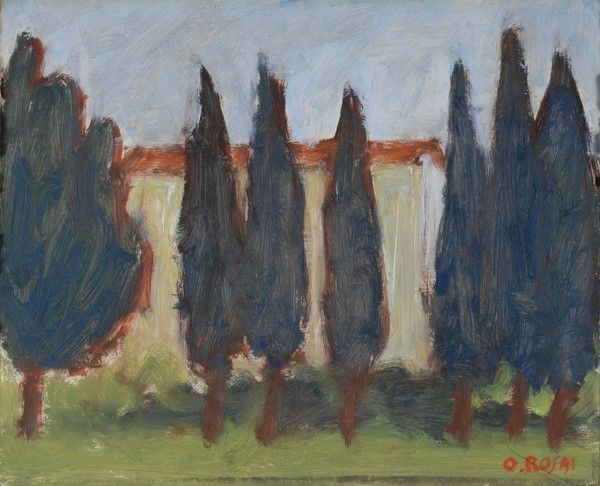 Ottone Rosai : Cipressi e case  ((1955))  - Olio su faesite - Asta Autori del XIX e XX sec. - I - Galleria Pananti Casa d'Aste