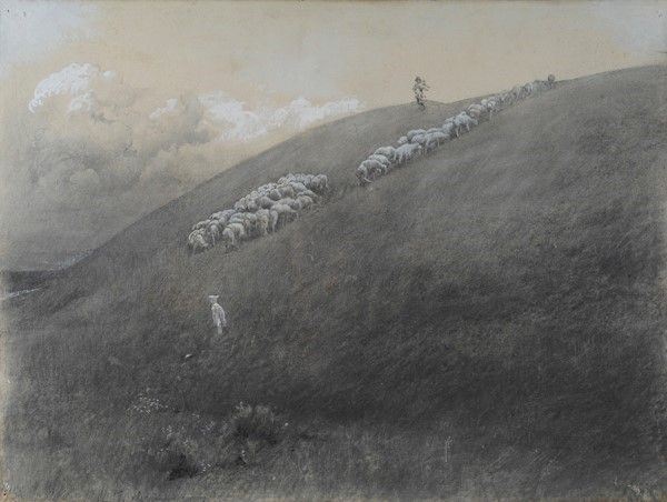 Giulio Aristide Sartorio : Paesaggio con gregge  - Matita e biacca su carta riportata su tavola - Auction Autori del XIX e XX sec. - I - Galleria Pananti Casa d'Aste