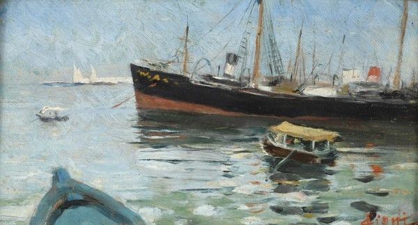 Cesare Ciani : Barche nel porto di Livorno  - Olio su tavola - Asta Autori del XIX e XX sec. - I - Galleria Pananti Casa d'Aste
