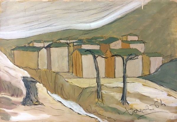 Anonimo, XX sec. - Paesaggio con case, 1964, Tecnica mista su carta, cm. 35x50