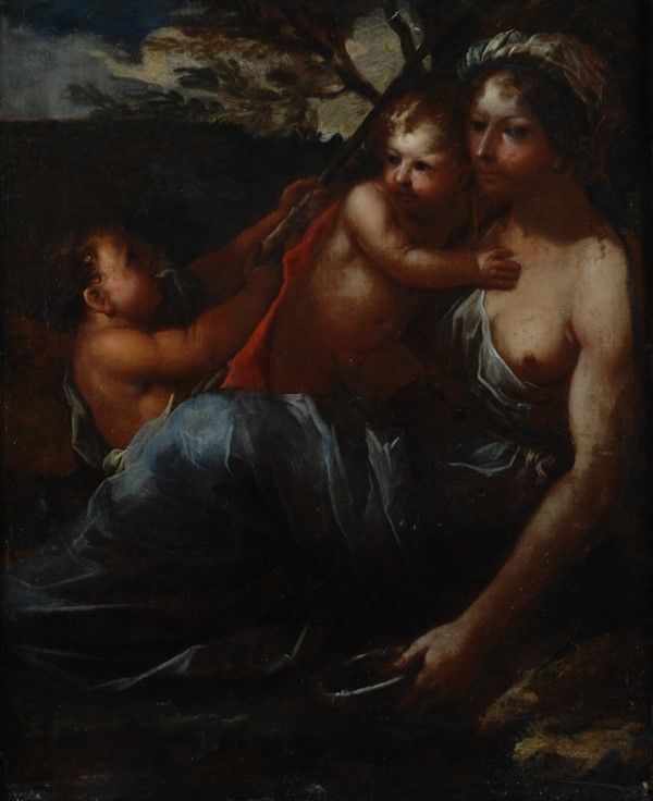 Scuola Genovese, XVI - XVII Sec. - Scuola Genovese, 'Carità', olio su tela, cm. 100x80, XVI - XVI...