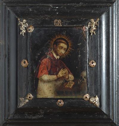 Scuola Italia Settentrionale, San Carlo Borromeo in adorazione della Croce, olio su rame