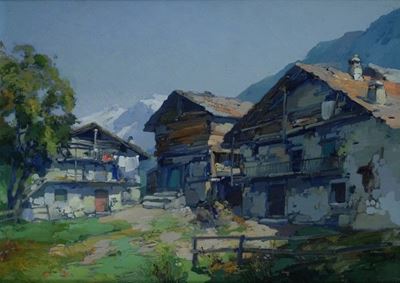 Paesaggio alpino, olio su compensato