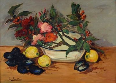 Catinella con fiori, limoni e cozze, olio su compensato