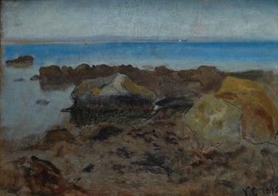 Scogliera a Castiglioncello, olio su tela su cartone