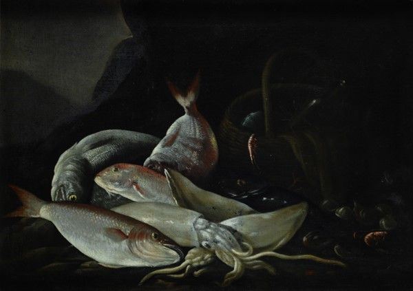 Scuola Italia Meridionale, XIX sec.,Scuola Italia Meridionale, XVII - XVIII sec. - Natura morta con pesci
