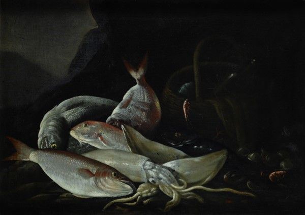 Scuola Italia Meridionale, XIX sec.,Scuola Italia Meridionale, XVII - XVIII sec. : Natura morta con pesci  - Olio su tela - Asta Antiquariato - I - Galleria Pananti Casa d'Aste