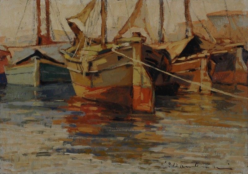 Carlo Domenici - Barcone, olio su faesite