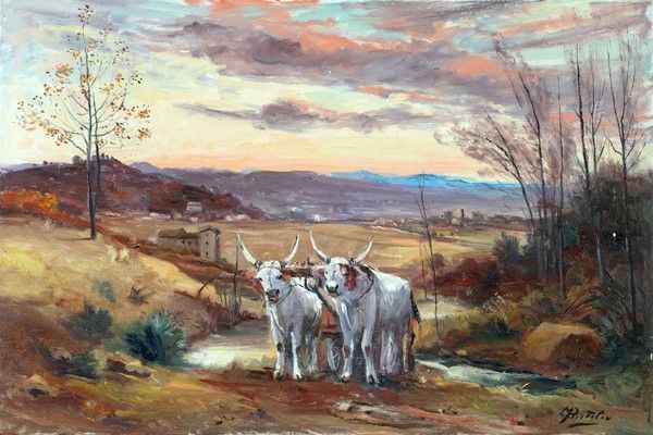 Rutilio Muti : L'aratura  - Olio su tela - Asta AUTORI DEL XIX E XX SEC - Galleria Pananti Casa d'Aste