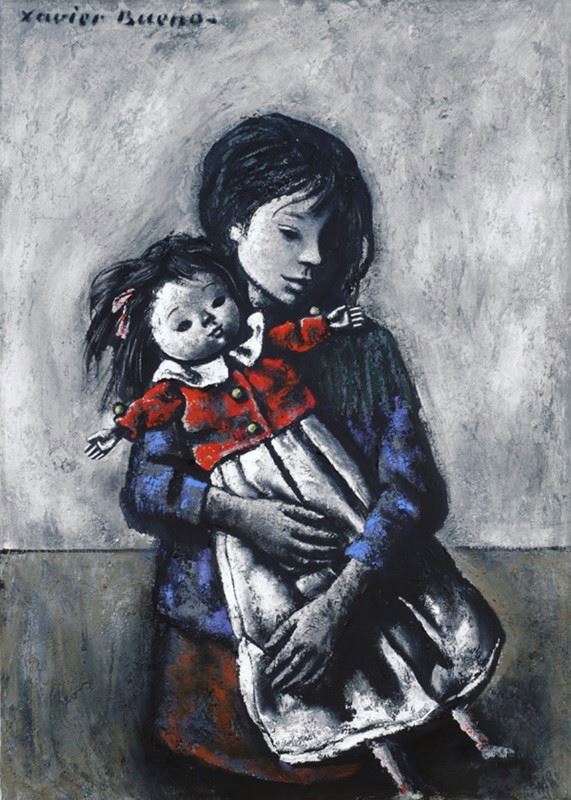 Xavier Bueno : Bambina con bambola  (1964)  - Olio su tela - Asta Arte moderna e contemporanea - Galleria Pananti Casa d'Aste