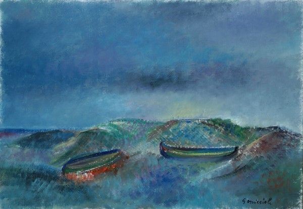 Giovanni Omiccioli : Due barche tra le dune  - Olio su cartone telato - Auction Arte moderna e contemporanea - Galleria Pananti Casa d'Aste