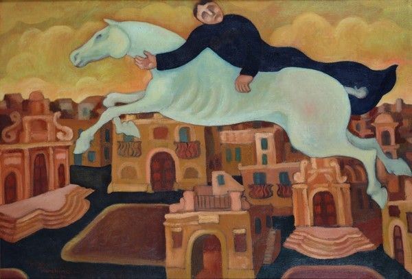 Gaetano Tranchino : Cavalcata sulla città  (1971)  - Olio su tela - Auction Antiquariato - I - Galleria Pananti Casa d'Aste