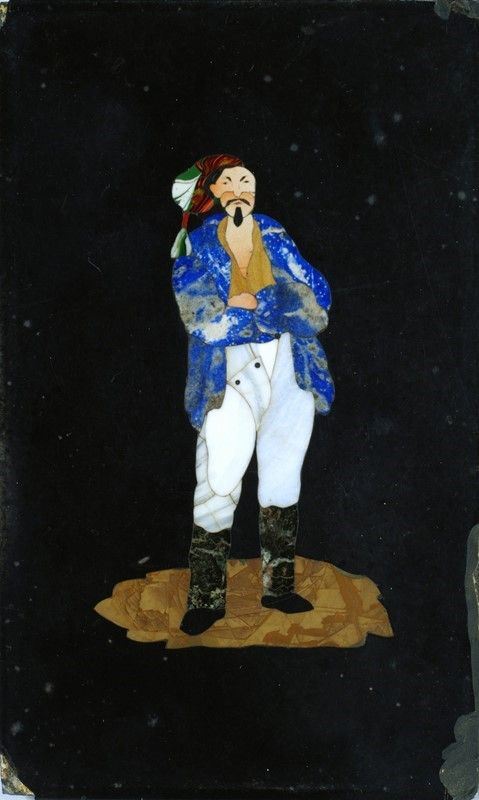 Placca in ardesia intarsiata, figura di uomo, XIX secolo
