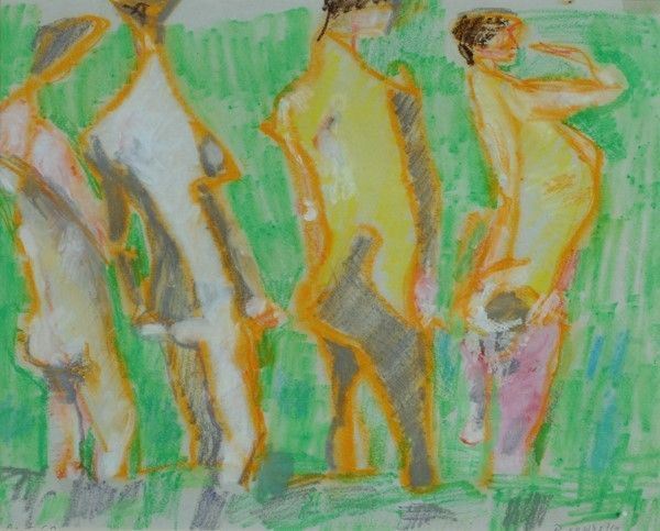 Fausto Pirandello : Quattro bagnanti  (1962)  - Pastelli a cera su carta - Asta Arte moderna e contemporanea - Galleria Pananti Casa d'Aste