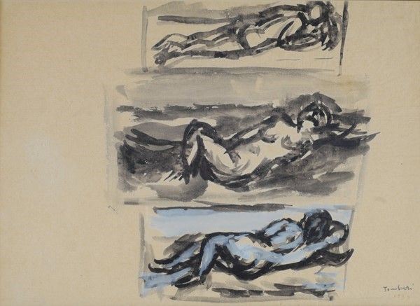 Orfeo Tamburi : Studi di figure  - Tecnica mista su carta - Asta Arte moderna e contemporanea - Galleria Pananti Casa d'Aste