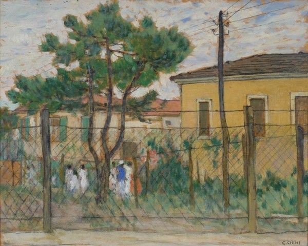 Galileo Chini : Case sull'Arno (nei pressi di Firenze)  - Olio su compensato - Auction Arte moderna e contemporanea - Galleria Pananti Casa d'Aste